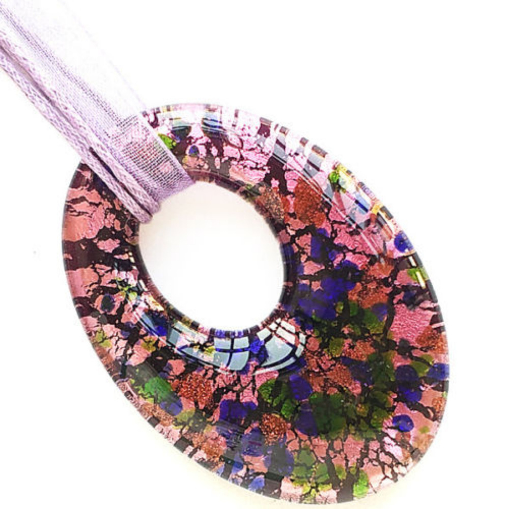 Oval Glass Murano Pendant w/Purple Ribbon